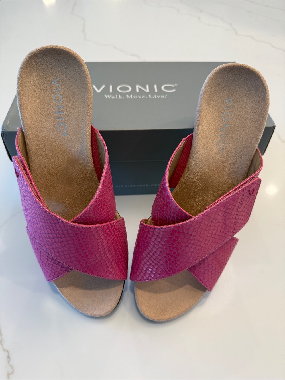 Vionic Pink Textured Cross-Band Slide Mules
